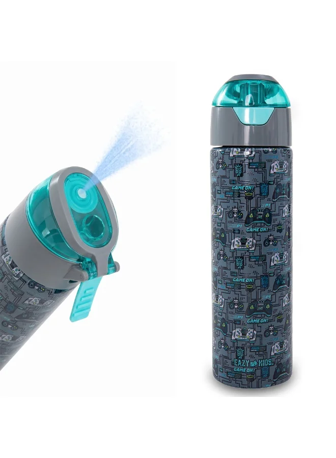 إيزي كيدز Eazy Kids Personalized - Insulated Stainless Steel Water Bottle w/Spray, Gaming 640ml - Grey
