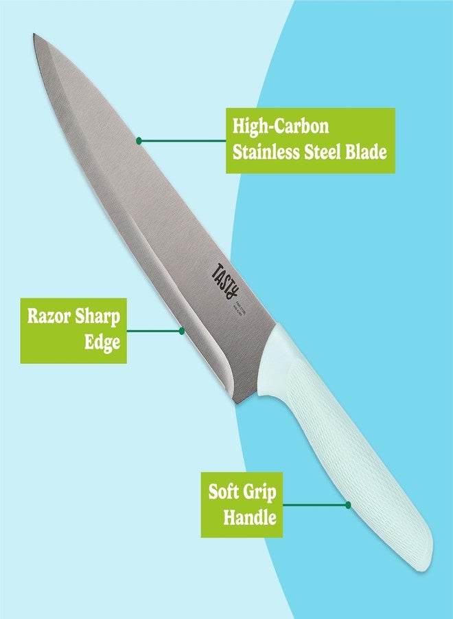 تيستي مجموعة أدوات مائدة ولوح تقطيع من 5 قطع، سكاكين من الفولاذ المقاوم للصدأ عالي الكربون بمقابض ناعمة، لوح تقطيع قابل للعكس للتقطيع والتقديم، لون أزرق مائي - Image 3
