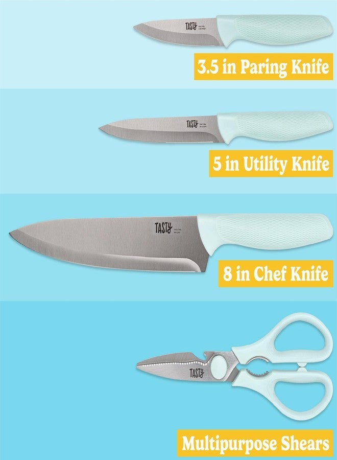 تيستي مجموعة أدوات مائدة ولوح تقطيع من 5 قطع، سكاكين من الفولاذ المقاوم للصدأ عالي الكربون بمقابض ناعمة، لوح تقطيع قابل للعكس للتقطيع والتقديم، لون أزرق مائي - Image 2