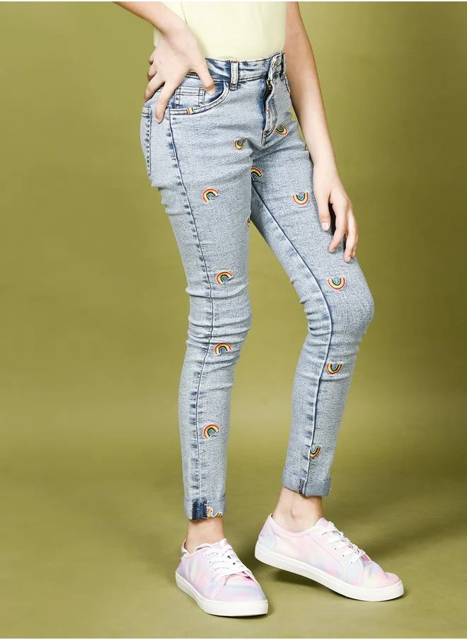 ليلك Denim Wash Rainbow Designed Skinny Jeans