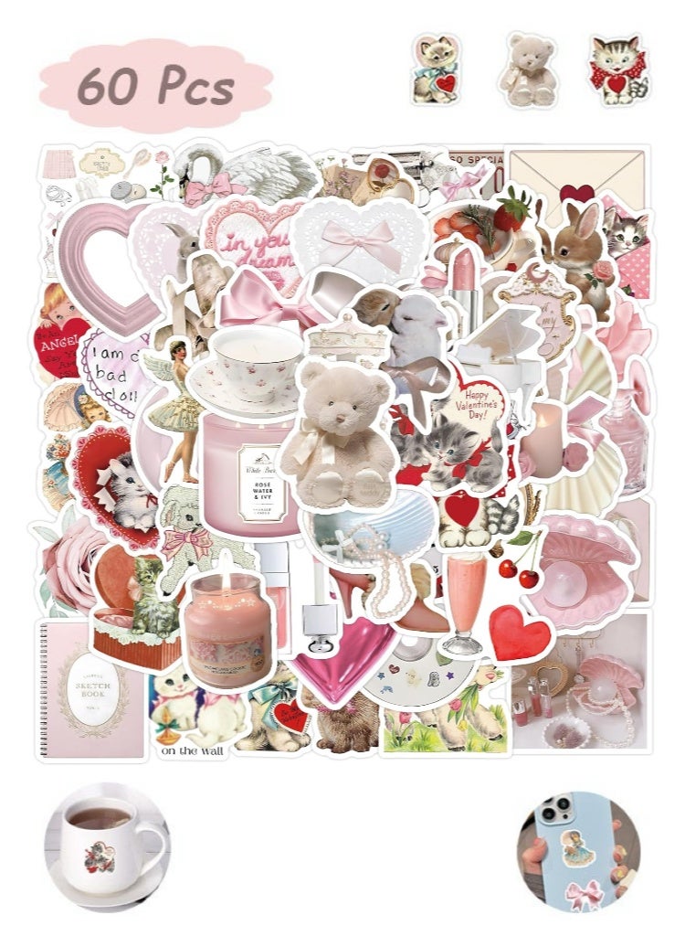 RADIANCES 60Pcs Coquette Stickers Cute Vinyl Laptop Stickers, Waterproof Aesthetic Stickers, Pink Sticker Pack for Girls Water Bottles Laptop Computer Phone Guitar (60 Coquette Stickers) - Image 1
