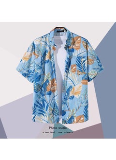 Generic Summer Floral Print Men Women Thin Short Sleeve Loose Dyeing Beach Shirt Casual Loose Fit Five Button Placket Polyester Blend 1123 blue 