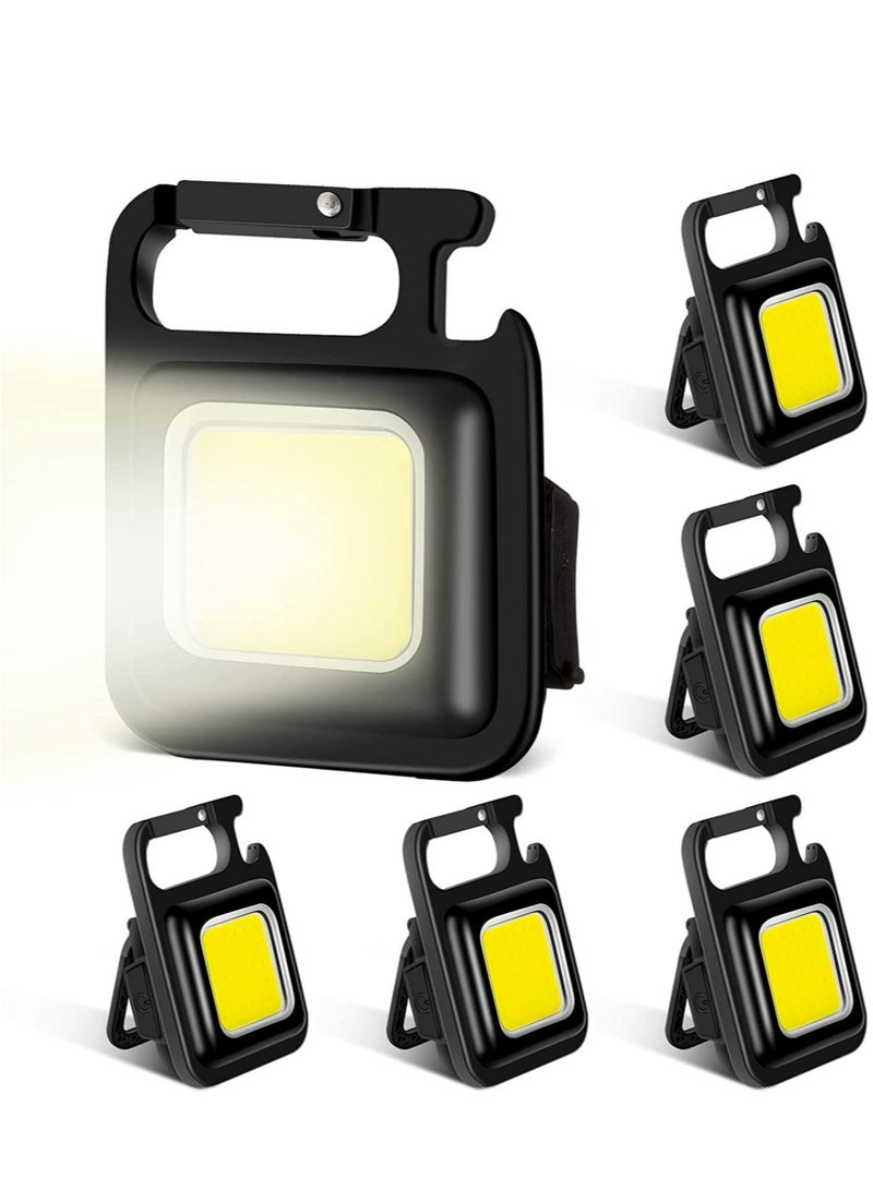 6 Pack COB Small Flashlights Bright Rechargeable Keychain Mini Flashlight 500 Lumens Pocket Flashlight with Folding Bracket Bottle Opener and Magnet Base 4 Light Modes Magnetic Work Light for Walking - Image 1