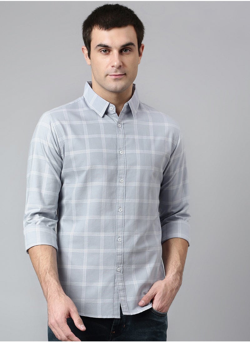Dennis Lingo Slim Fit Grey Men's Checked Shirt, Spread Collar, Full Sleeves, 100% Cotton,  - Image 1