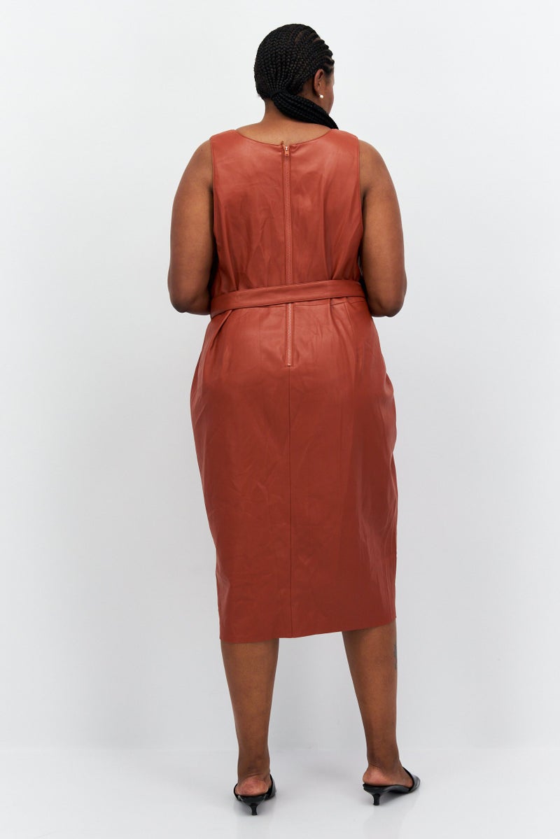 Women Plus Size Plain Midi Dress, Brown