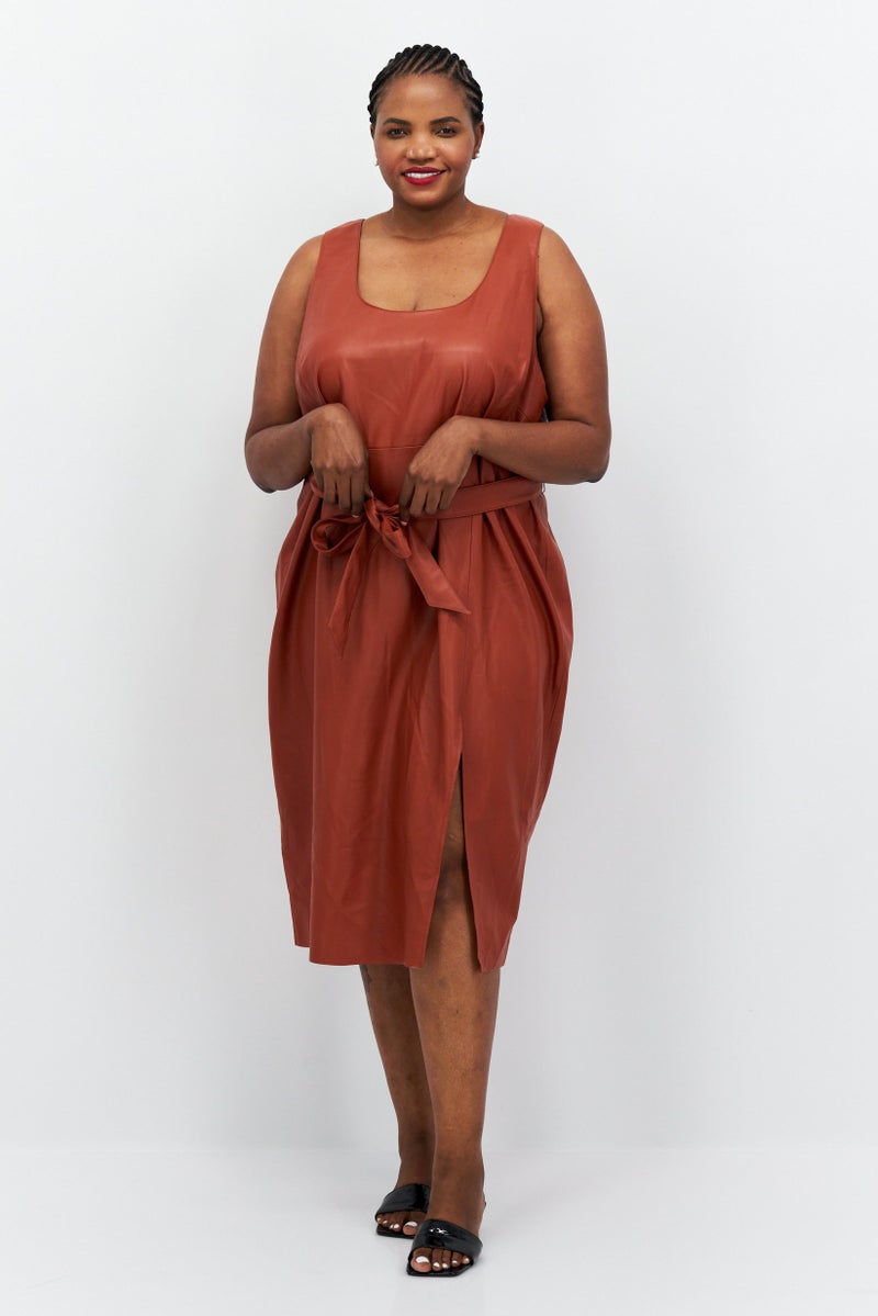 Women Plus Size Plain Midi Dress, Brown