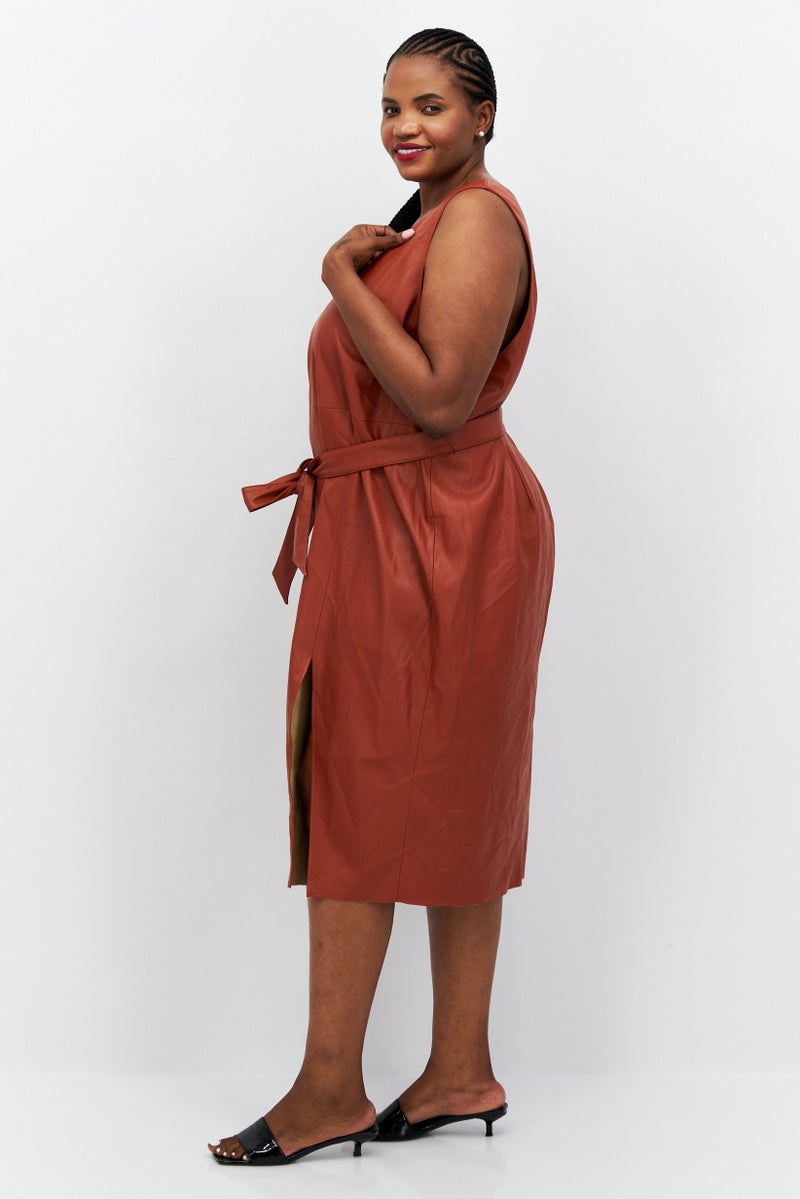 Women Plus Size Plain Midi Dress, Brown