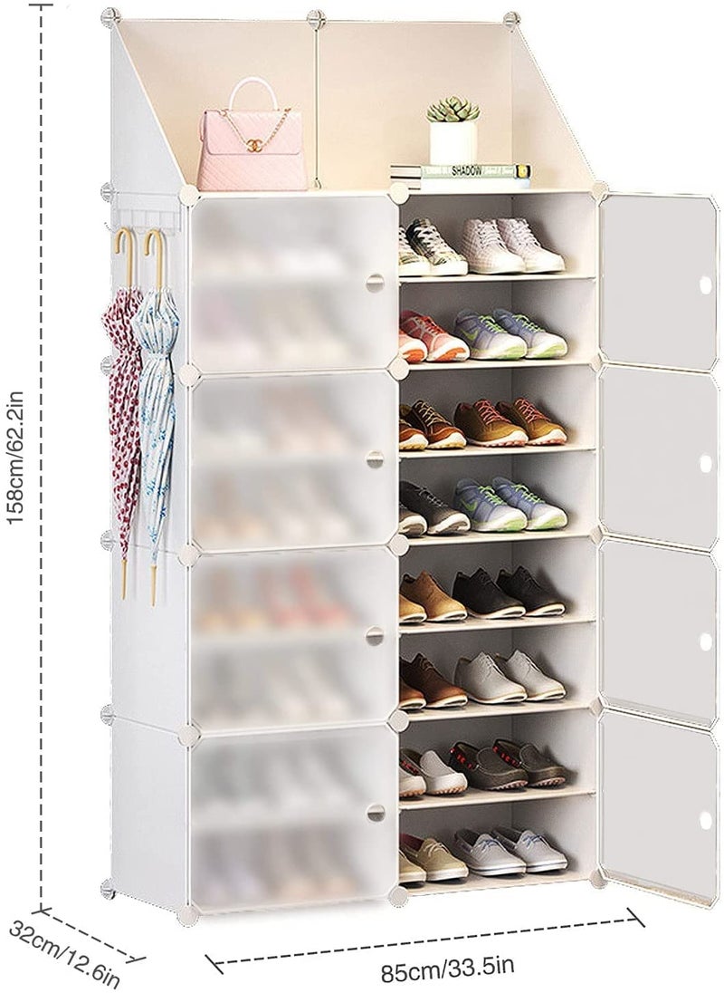 Jomifin Shoe Rack Storage Cabinet with Doors, Key Holder, Portable Shoes Organizer, Expandable Standing Rack, Storage 32-64 Pairs Shoes, Boots, Slippers (2x8 tier) (White) - Image 4