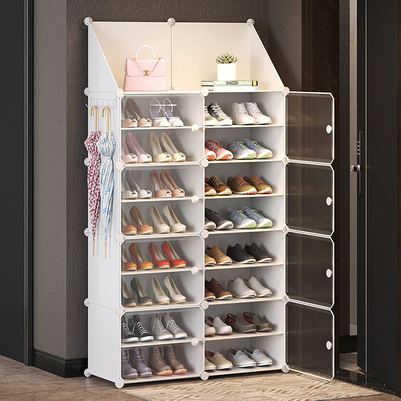 Jomifin Shoe Rack Storage Cabinet with Doors, Key Holder, Portable Shoes Organizer, Expandable Standing Rack, Storage 32-64 Pairs Shoes, Boots, Slippers (2x8 tier) (White) - Image 1