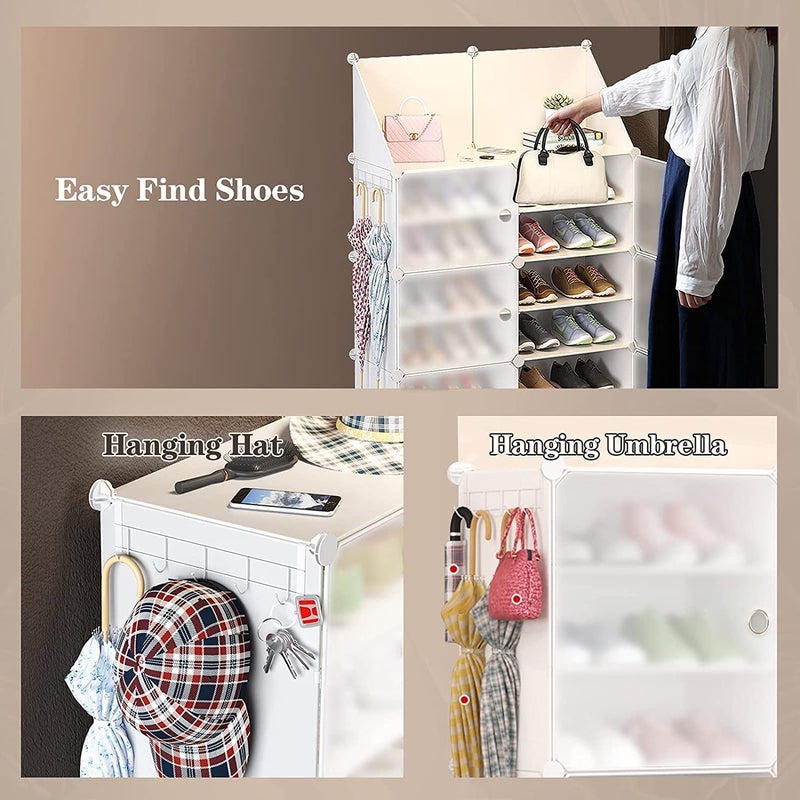Jomifin Shoe Rack Storage Cabinet with Doors, Key Holder, Portable Shoes Organizer, Expandable Standing Rack, Storage 32-64 Pairs Shoes, Boots, Slippers (2x8 tier) (White) - Image 2