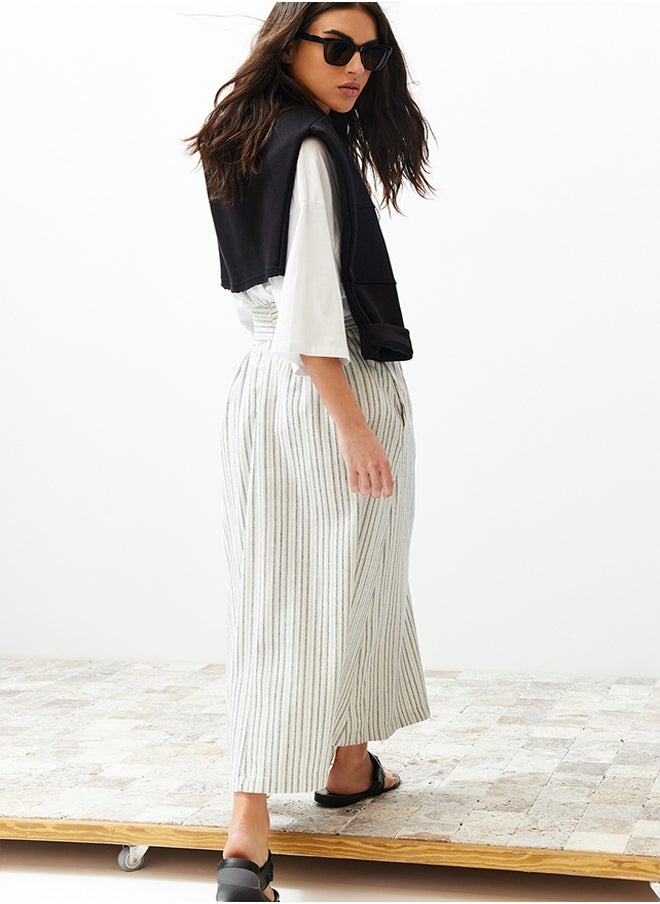 trendyol - Ecru Striped Linen Look Woven Skirt with Pocket Detail - Image 1
