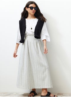Ecru Striped Linen Look Woven Skirt with Pocket Detail