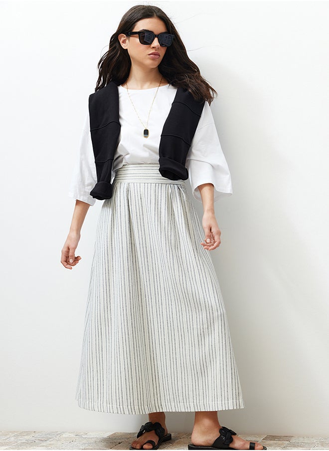 trendyol - Ecru Striped Linen Look Woven Skirt with Pocket Detail - Image 1