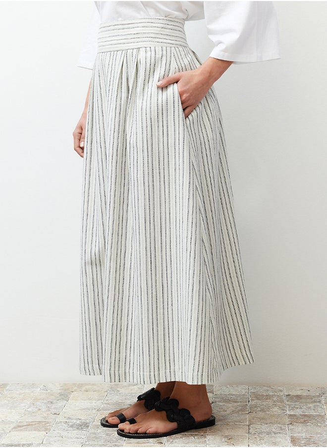 trendyol - Ecru Striped Linen Look Woven Skirt with Pocket Detail - Image 1