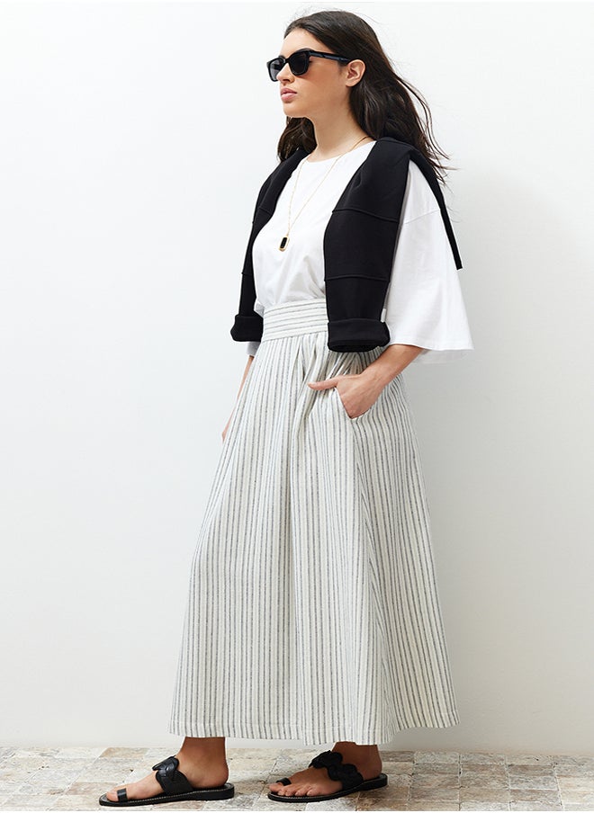 trendyol - Ecru Striped Linen Look Woven Skirt with Pocket Detail - Image 1