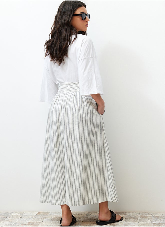 trendyol - Ecru Striped Linen Look Woven Skirt with Pocket Detail - Image 1