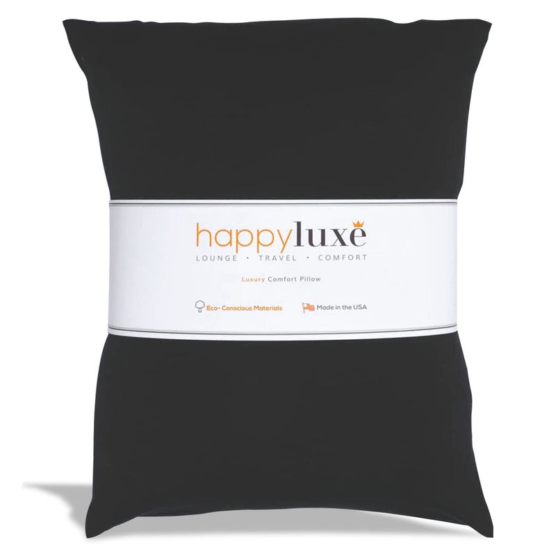 Happyluxe Odyssey Travel Pillow for Long Flights  Soft Small Alternative to Down and Memory Foam 17 x 13in  Made in The USA Jet Black Airplane Pillow for Adults Sleeping Camping or Nap