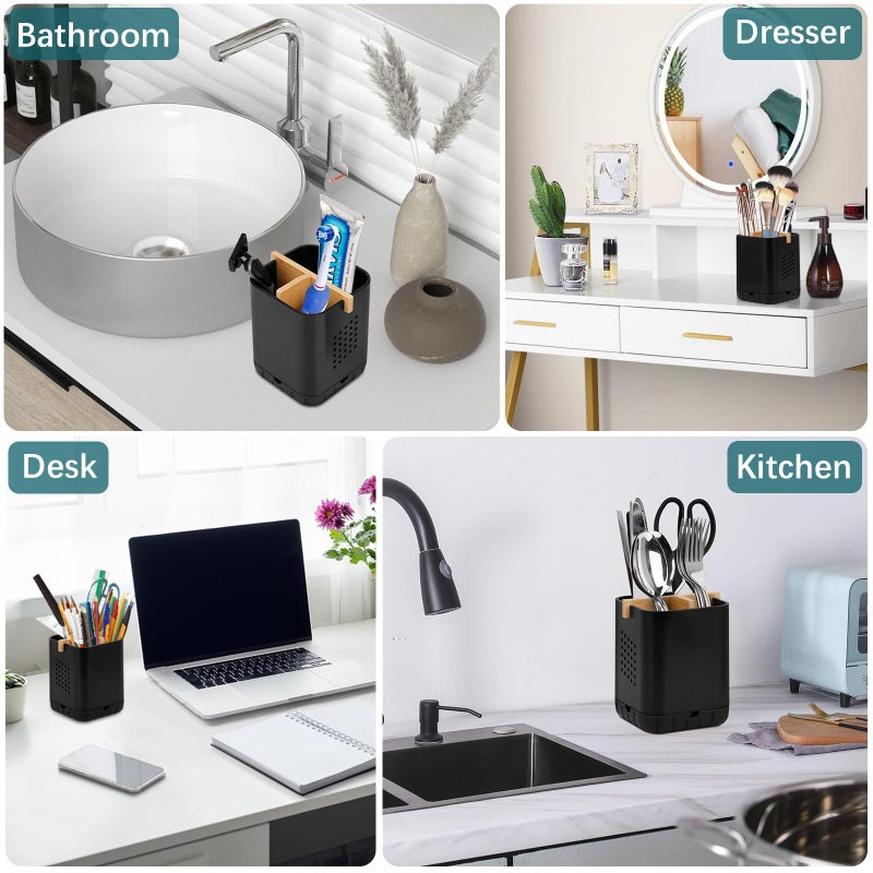 Boperzi Black Toothbrush Holders for Bathroom, Electric Toothbrush Holder with Bamboo Divider, Detachable Anti-Slip Toothbrush and Razor Holder Drainage for Shower, Toothbrush Organizer and Storage - Image 5