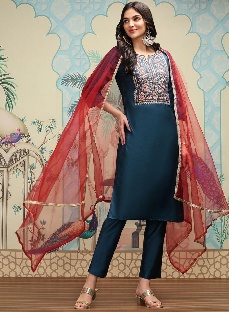 ISHIN Women's Navy Blue Polyester Blend Embellished Tunic Full Length Casual Straight Fit Kurta Set  - Image 3