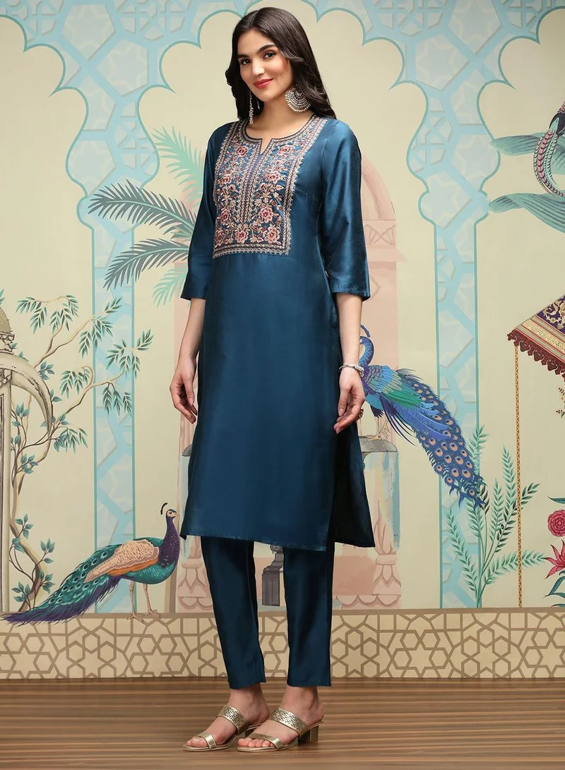 ISHIN Women's Navy Blue Polyester Blend Embellished Tunic Full Length Casual Straight Fit Kurta Set