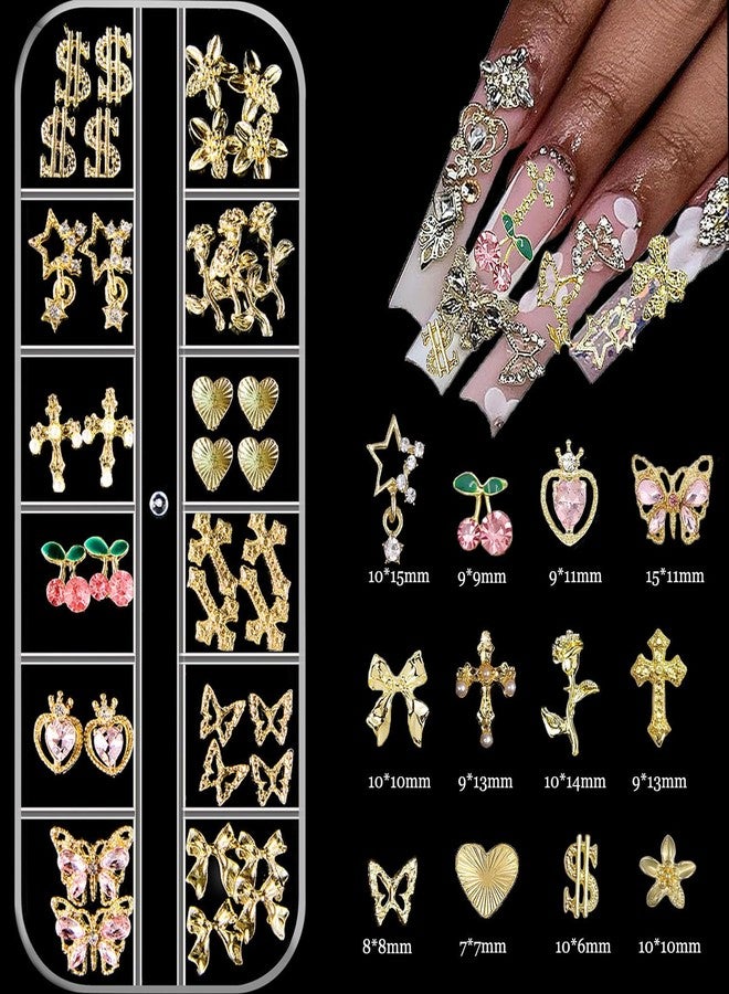 KACHIMOO Gold Nail Charms,Pink Nail Art Charms 4 Boxes Nail Gems Nail Pearls 3D Cross Butterfly Cherry Heart Star Bow Flower Dollar Nail Rhinestones,3D Nail Art Charms for Nails Design - Image 2