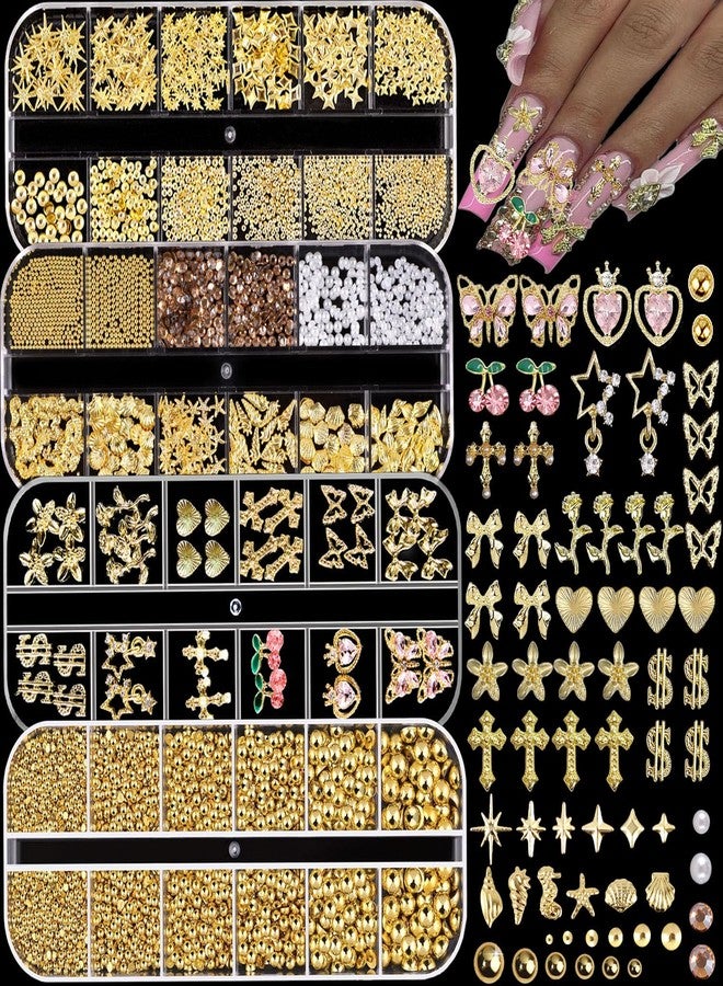 KACHIMOO Gold Nail Charms,Pink Nail Art Charms 4 Boxes Nail Gems Nail Pearls 3D Cross Butterfly Cherry Heart Star Bow Flower Dollar Nail Rhinestones,3D Nail Art Charms for Nails Design - Image 1