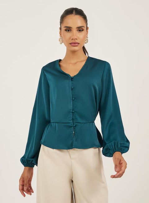 Women Solid Cuffed Sleeves Peplum Blouse