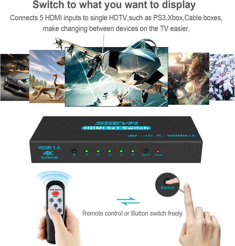 SGEYR مفتاح HDMI 5x1 محول HDMI 5 في 1 مخرج HDMI محدد 5 منافذ مع جهاز تحكم عن بعد IR HDMI 1.4 دعم HDCP 1.4 4K@30Hz Ultra HD 3D 2160P 1080P - Image 5