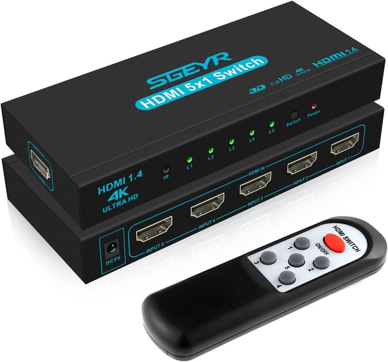 SGEYR مفتاح HDMI 5x1 محول HDMI 5 في 1 مخرج HDMI محدد 5 منافذ مع جهاز تحكم عن بعد IR HDMI 1.4 دعم HDCP 1.4 4K@30Hz Ultra HD 3D 2160P 1080P - Image 1