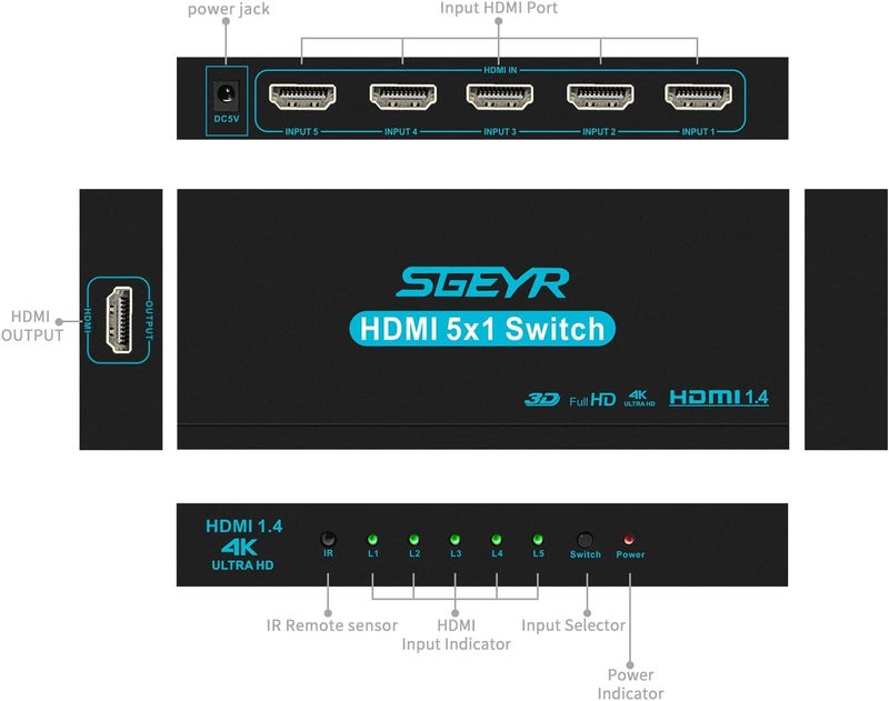 SGEYR مفتاح HDMI 5x1 محول HDMI 5 في 1 مخرج HDMI محدد 5 منافذ مع جهاز تحكم عن بعد IR HDMI 1.4 دعم HDCP 1.4 4K@30Hz Ultra HD 3D 2160P 1080P - Image 2
