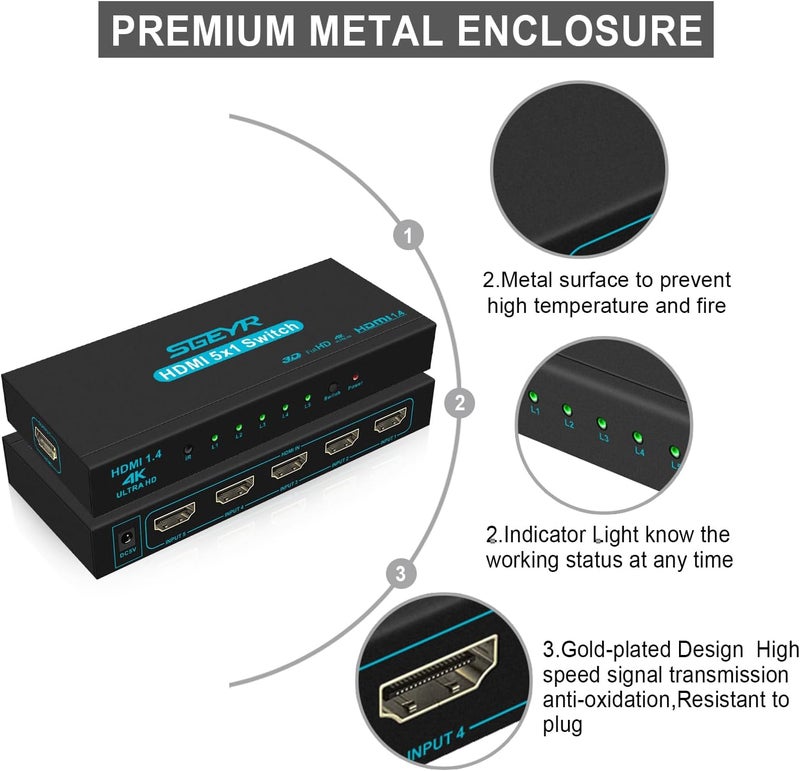 SGEYR مفتاح HDMI 5x1 محول HDMI 5 في 1 مخرج HDMI محدد 5 منافذ مع جهاز تحكم عن بعد IR HDMI 1.4 دعم HDCP 1.4 4K@30Hz Ultra HD 3D 2160P 1080P - Image 3