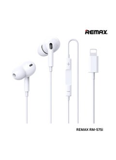 REMAX RM575i Wired Earphones With iph Connector In-Ear Headphones With Mic And Volume Control For Music And Calls White  - Image 1