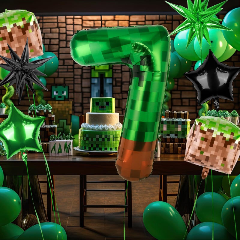 TATWOQ 40 Inch Green Pixel Miner Number 7 Balloon Set, 7Pcs MIning Large Foil Balloon Video Game Themed Party Party Decorations for Kids' Anniversary Balloon Party Supplies Supplies - Image 4