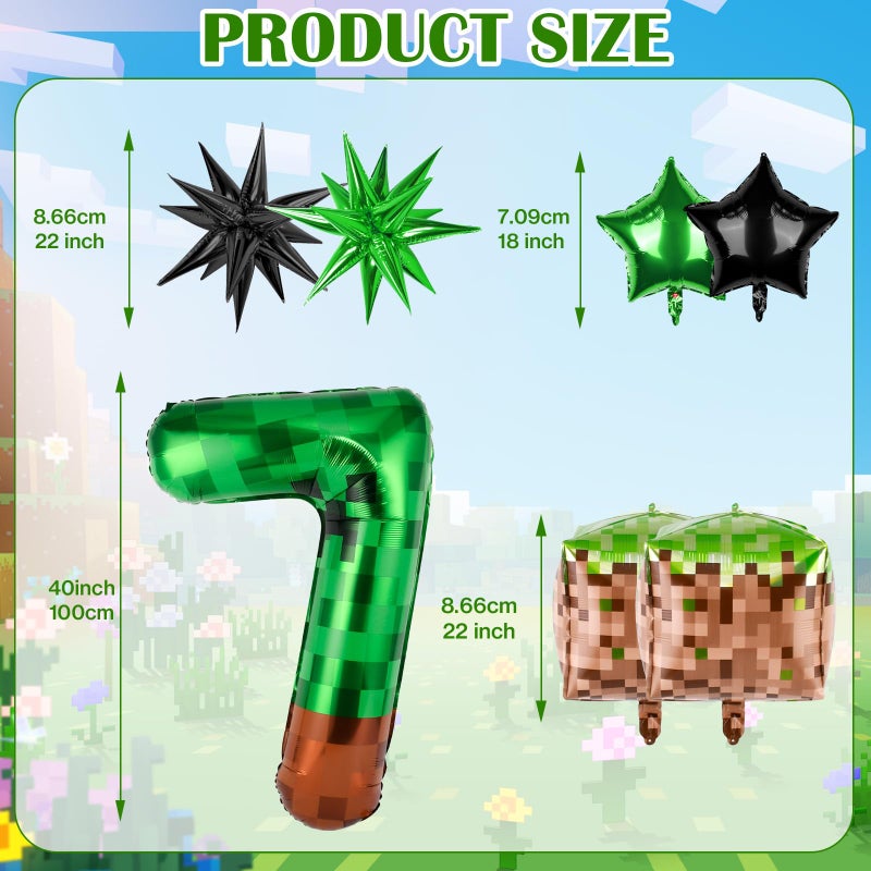 TATWOQ 40 Inch Green Pixel Miner Number 7 Balloon Set, 7Pcs MIning Large Foil Balloon Video Game Themed Party Party Decorations for Kids' Anniversary Balloon Party Supplies Supplies - Image 2