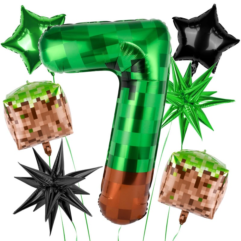 TATWOQ 40 Inch Green Pixel Miner Number 7 Balloon Set, 7Pcs MIning Large Foil Balloon Video Game Themed Party Party Decorations for Kids' Anniversary Balloon Party Supplies Supplies - Image 1