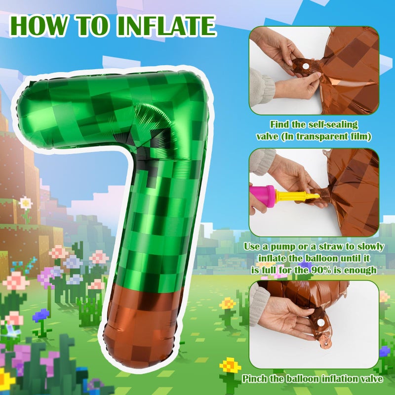 TATWOQ 40 Inch Green Pixel Miner Number 7 Balloon Set, 7Pcs MIning Large Foil Balloon Video Game Themed Party Party Decorations for Kids' Anniversary Balloon Party Supplies Supplies - Image 3