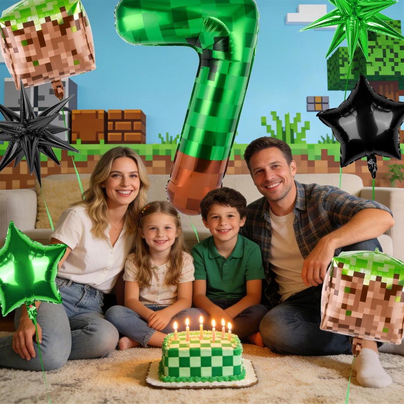 TATWOQ 40 Inch Green Pixel Miner Number 7 Balloon Set, 7Pcs MIning Large Foil Balloon Video Game Themed Party Party Decorations for Kids' Anniversary Balloon Party Supplies Supplies - Image 5