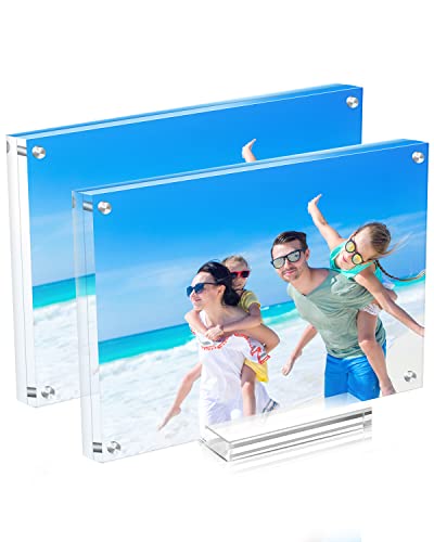 JUOIFIP 2 Pack Acrylic Picture Frame 57 Clear Double Sided Magnetic Photo Frame  Frameless Baby Friend Family Picture Desktop Display with Support Stand and Gift Boxes