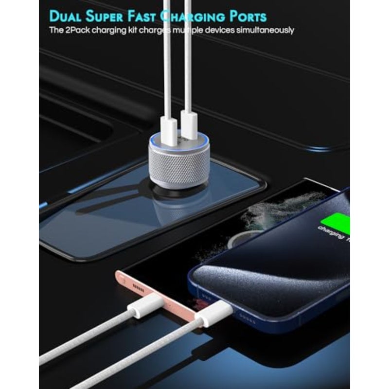iPhone 17 Car Charger, 2Pack Dual Port USB C Fast Car Charger Type C Rapid Charging Adapter with 2Pack USB C to C Nylon Braid Cable Woven Cord Fast Charging for iPhone 17/17 Pro/16/16 Pro Max/iPad - Image 2