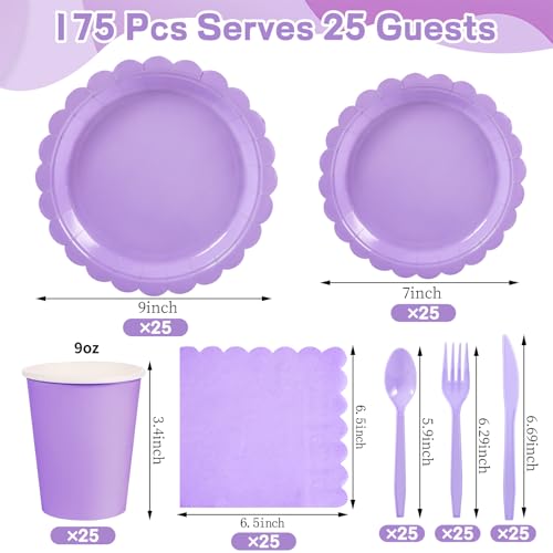Xiangqu 175 Pcs Lavender Paper Plates and Napkins, Light Purple Party Supplies Include Scalloped Lavender Plates Napkin Cup Plastic Cutlery for Garden Party, Baby Shower, Wedding, Birthday - Image 2
