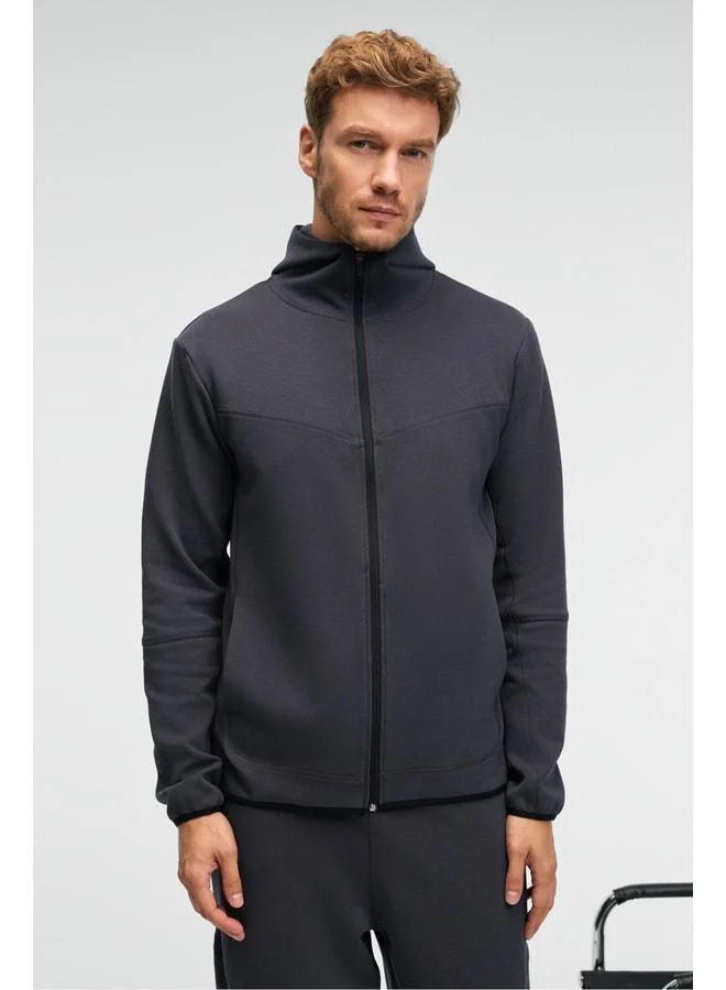 GRIMELANGE AVENER Men's Hooded Printed Zippered Anthracite Sweatshirt.
