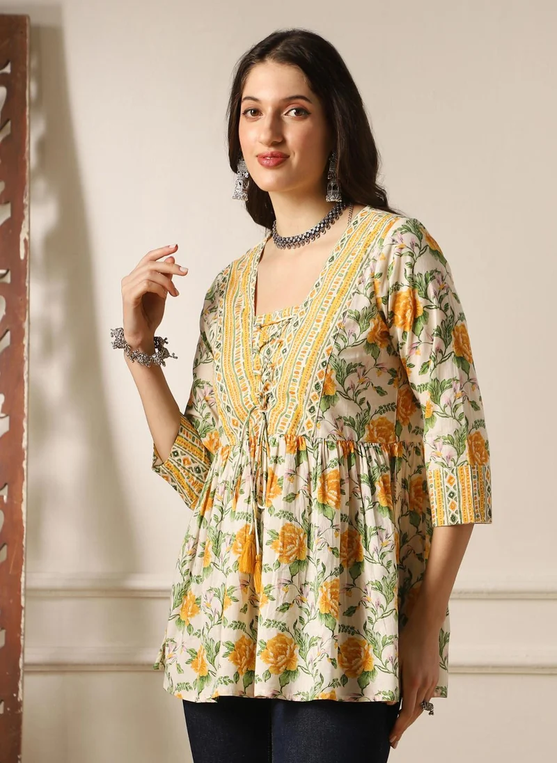 globus Globus Women Yellow V-Neck Floral Print Tie-Up Tassel Detail Gathered Tunic