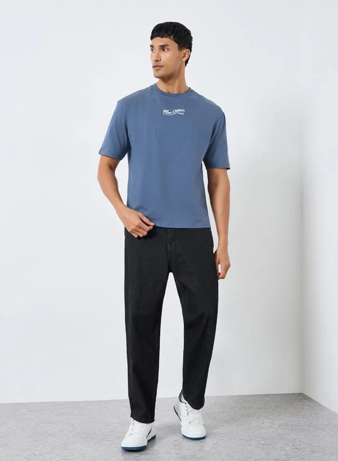 Styli Men Blue Oversized Graphic Puff Print T-Shirt