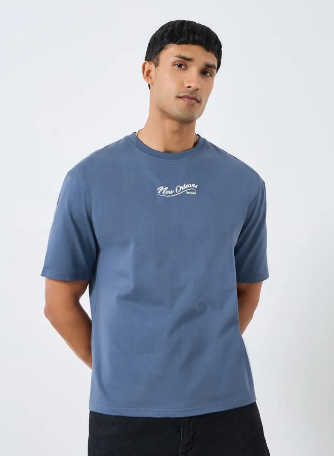 Styli Men Blue Oversized Graphic Puff Print T-Shirt