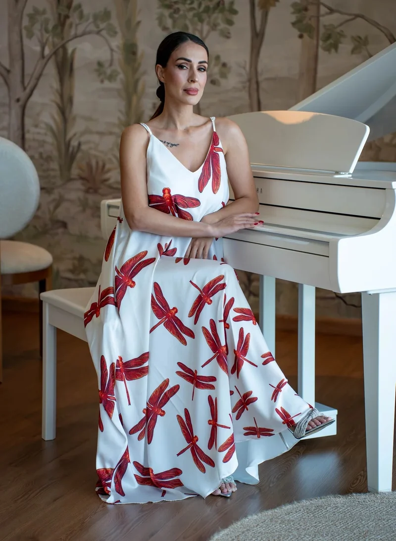 JANARA JONES White Red Dragonfly Satin Mariella Dress
