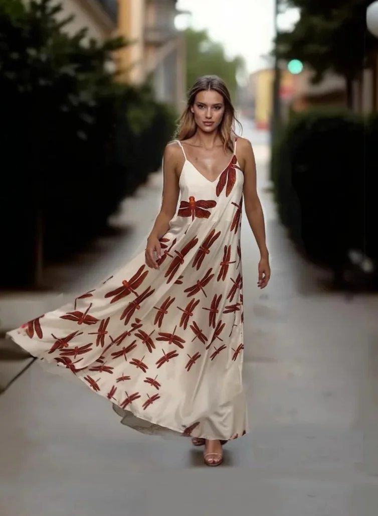 JANARA JONES White Red Dragonfly Satin Mariella Dress