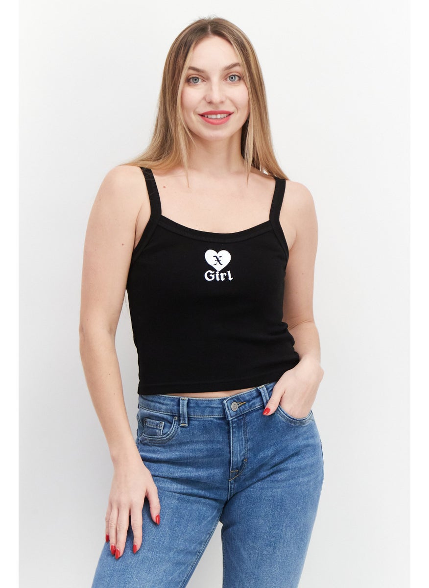 X-Girl Women Square Neck Sleeveless Printed Tank Top, Black  - Image 1