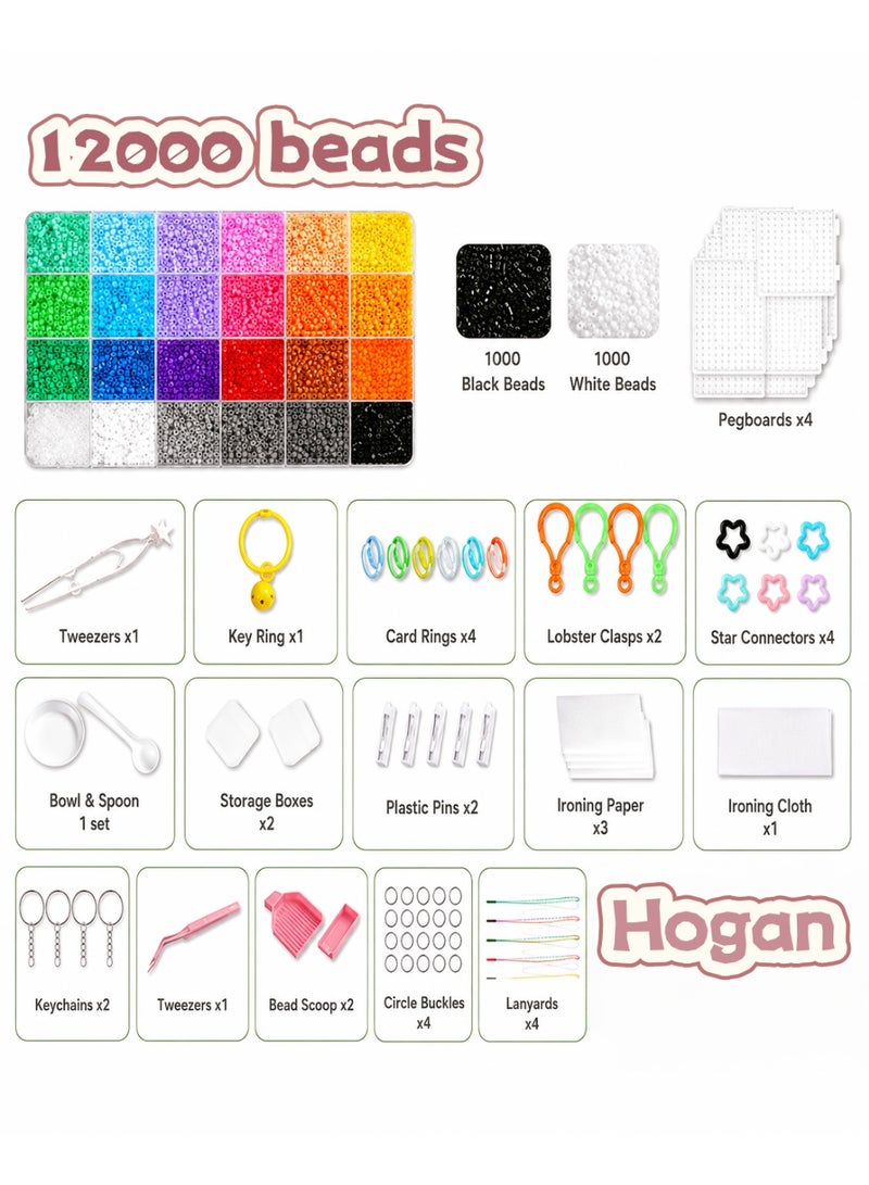Hogan Deluxe Fuse Beads Kit for Kids - 12000 Beads, 24 Colors, 5mm Craft Kit with Storage Box, Pegboards & Accessories, Arts & Crafts Set for Girls & Boys, DIY Creative Birthday Gifts - Image 2