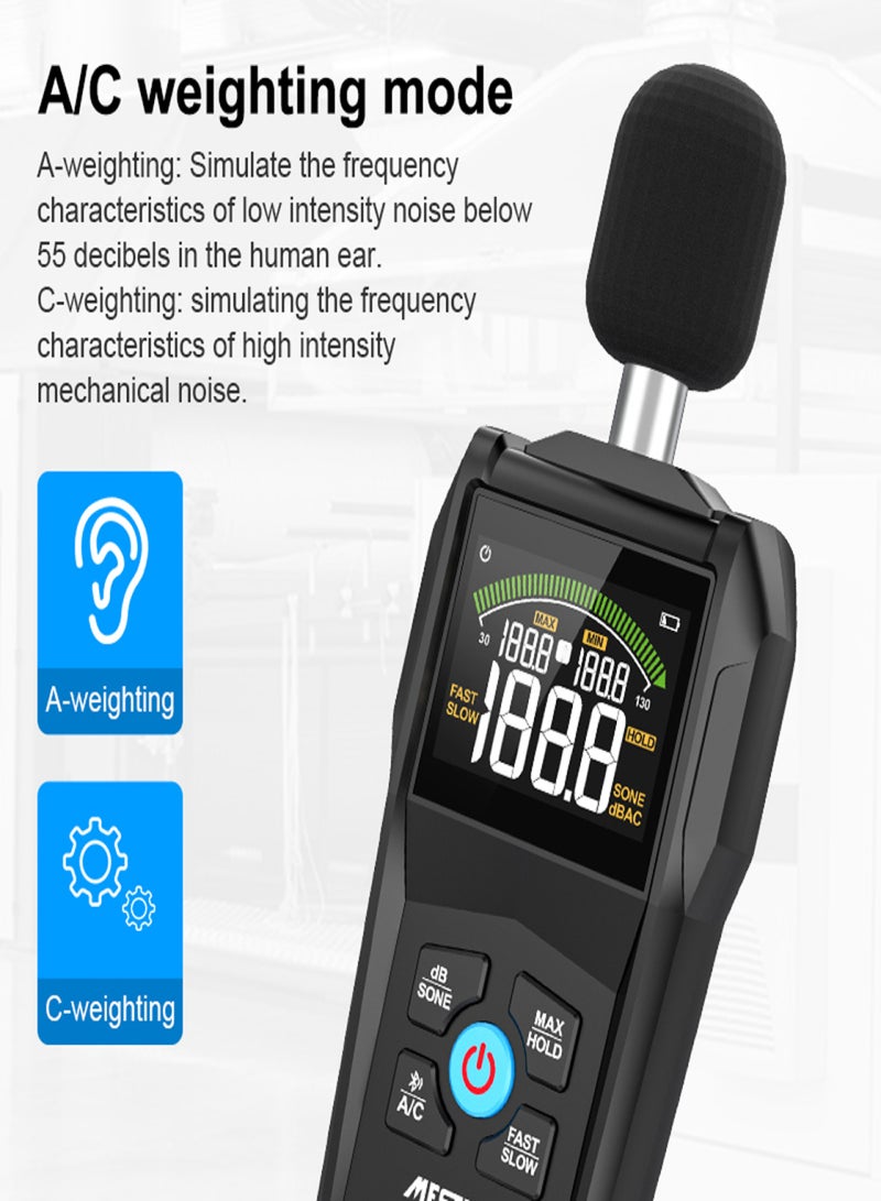 MESTEK 30-130dB Noise Meter Display Color Backlit Display Fast Slow Sampling Rate Capacitive Microphone Sound Level Monitor - Image 2