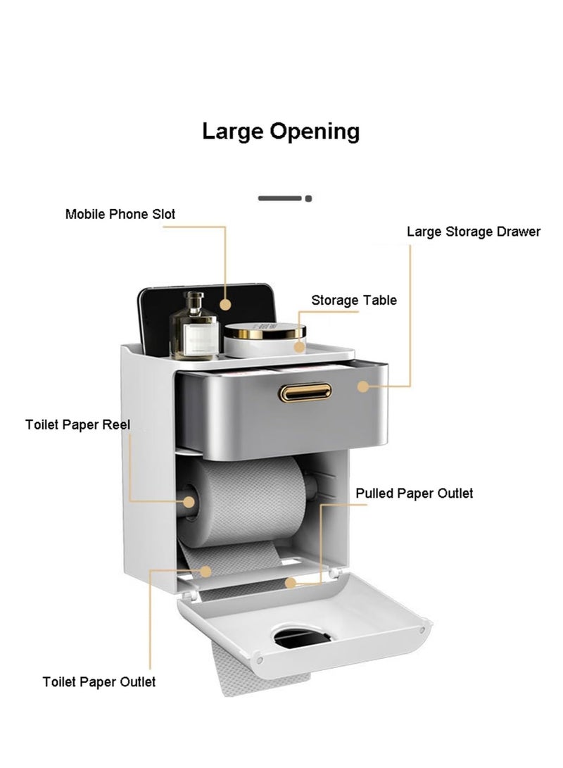 Toilet Paper Holder Self Adhesive Waterproof Toilet Paper Box Wall Mount Toilet Roll Holder with Drawers No Drilling Paper Towel Dispenser for Bathroom Toilet Roll Paper Fold Paper Storage - Image 2